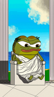 a cartoon of a frog wearing a toga sitting in a chair