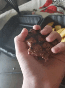 a person is holding a piece of steak in their hand .