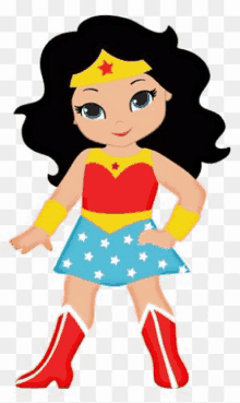 a little girl in a wonder woman costume is standing with her hand on her hip .