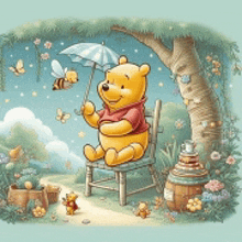 winnie the pooh is sitting in a chair holding an umbrella with bees flying around him