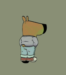 a cartoon drawing of a bear wearing a sweater and jeans