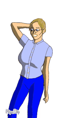 a cartoon of a woman wearing blue pants and a blue shirt with flipa clip written below her