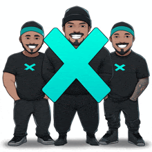 three men standing next to each other with an x on their shirt