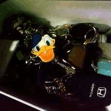 a picture of a duck sitting on top of a honda car .