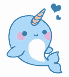 a cute blue narwhal with a unicorn horn and hearts .