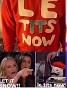 a red sweater that says let tits now