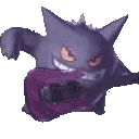 a purple ghost is holding a guitar in its mouth .