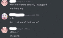 a screenshot of a conversation on a discord server about monsters and the drink