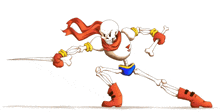 a cartoon drawing of a skeleton with a scarf around his neck holding a sword