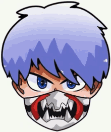 a cartoon drawing of a boy with blue eyes and a mask on his face