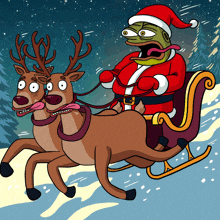 a cartoon of a frog dressed as santa claus pulling a sleigh pulled by two reindeer