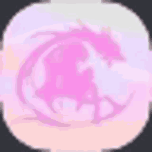 a pink dragon is sitting in a circle on a pink and white background .