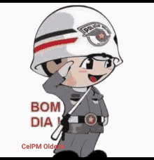 a cartoon of a police officer saluting with the words bom dia in the corner