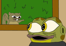 a cartoon of a frog looking at a squirrel