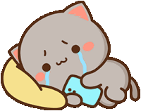 a cartoon cat is laying on a pillow and crying while holding a phone .