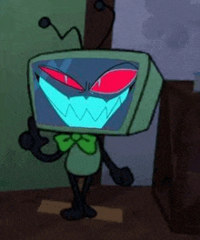 a cartoon character with a television head and a bow tie is standing in a room .