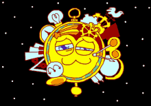 a cartoon drawing of a sun surrounded by gears and other objects