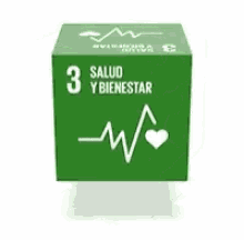 a green cube with a heartbeat on it and the words `` salud y bienestar '' written on it .