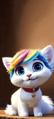 a white cat with a rainbow colored wig on its head