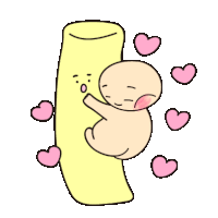 a cartoon drawing of a baby sleeping on a yellow tube with pink hearts around it .