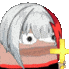 a pixel art drawing of a person with white hair and red hair holding a cross in front of their face .