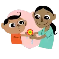 a cartoon drawing of a woman giving a flower to a child