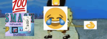 a cartoon of spongebob with a smiley face and the words smash on top of him