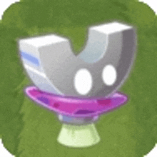 a cartoon illustration of a gray object sitting on top of a purple saucer .