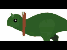 a green dinosaur with a stick around its neck is holding a stick .