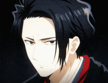 a close up of a anime character with black hair