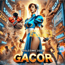 a poster for gacor shows a woman in a blue dress and boxing gloves