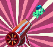 a pixel art of a chameleon flying over a red object