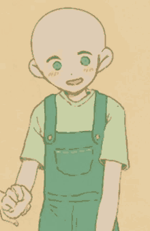 a drawing of a bald boy with blue eyes