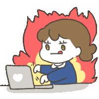 a cartoon drawing of a girl using a laptop with flames coming out of it