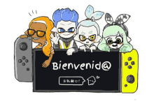 a group of cartoon characters holding a sign that says bienvenid @