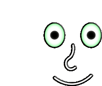 a cartoon face with green eyes , a nose and a smile .