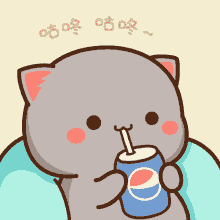 a cartoon cat drinking a pepsi can with a straw