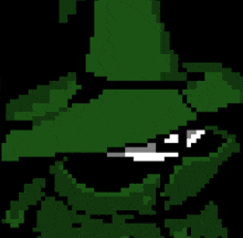 a pixel art drawing of a green wizard wearing sunglasses .