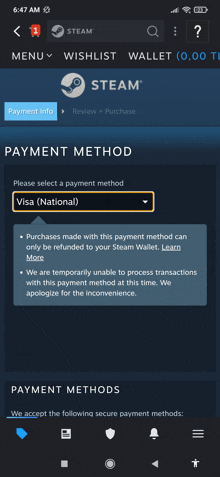 a screenshot of a steam app where you can select a payment method