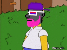 homer simpson is wearing a purple hat and sunglasses .