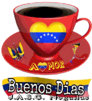 a cup of coffee on a saucer with the words buenos dias j.a.s.g. nogallas