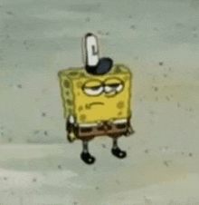 a cartoon of spongebob squarepants standing on a beach with a hat on .