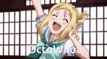 a girl in a school uniform is giving a peace sign and the words octowhoa are written below her