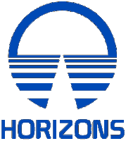 a blue and white logo for horizons with a circle and lines