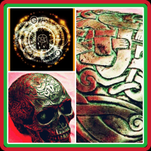 a collage of images shows a skull a circle and a statue