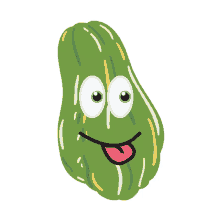 a cartoon illustration of a green cucumber with big eyes and a tongue sticking out