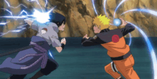 sasuke and naruto are fighting each other and naruto is holding a lightning ball