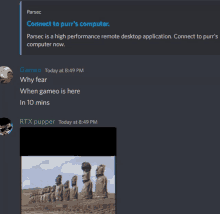 a screenshot of a discord conversation between rtx pupper and gameo