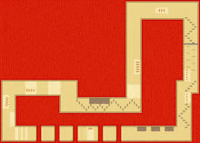 a map of a room with a red background and a castle on top