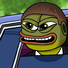 a cartoon of a frog looking out of a car window with a big smile on his face